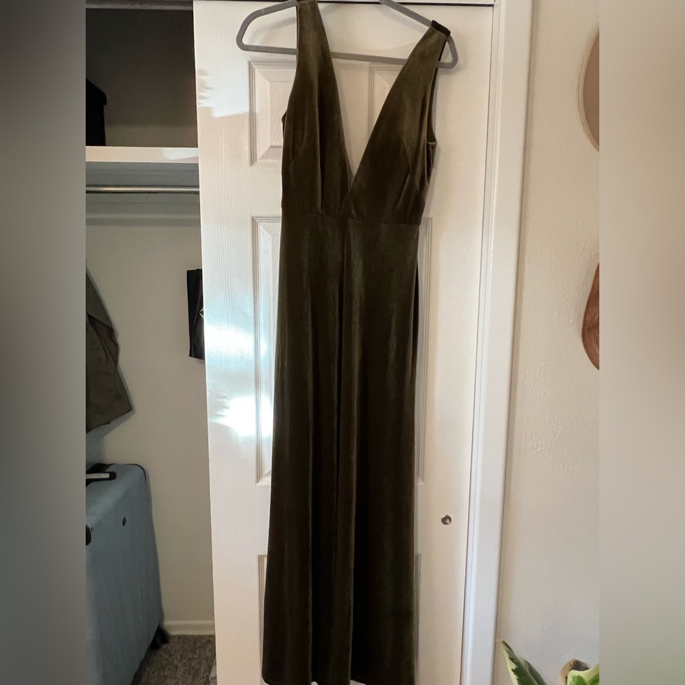 Jenny Yoo Olive Green Velvet V-Neck Dress